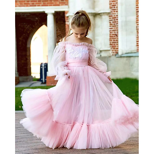 

Princess Floor Length Flower Girl Dresses Party Tulle Long Sleeve Jewel Neck with Tier