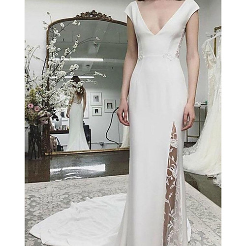 

Sheath / Column Wedding Dresses V Neck Sweep / Brush Train Italy Satin Sleeveless Romantic Simple with Lace Appliques Split Front 2021