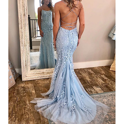 

Mermaid / Trumpet Beautiful Back Sexy Engagement Formal Evening Dress Spaghetti Strap Sleeveless Court Train Lace Tulle with Pleats Appliques 2021