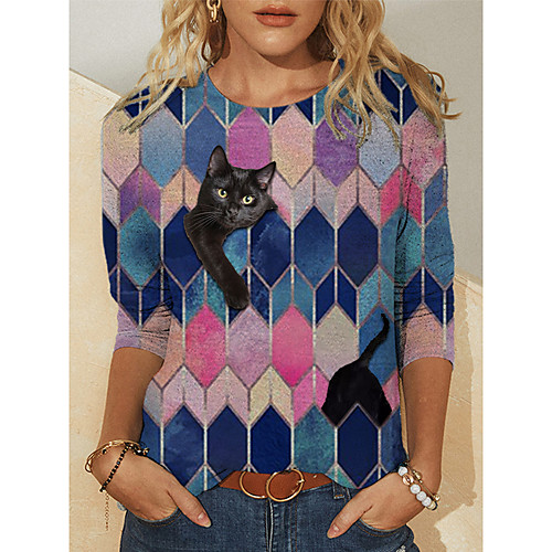 

Women's T shirt Cat Plaid Graphic Long Sleeve Print Round Neck Tops Basic Basic Top Purple Red