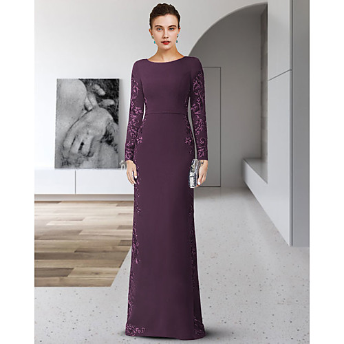 

Sheath / Column Mother of the Bride Dress Elegant Jewel Neck Floor Length Chiffon Lace Long Sleeve with Sash / Ribbon Appliques 2021