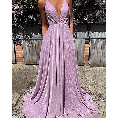 

A-Line Beautiful Back Sexy Wedding Guest Formal Evening Dress V Neck Sleeveless Sweep / Brush Train Sequined with Pleats 2021