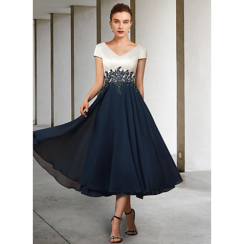 

A-Line Mother of the Bride Dress Elegant V Neck Tea Length Chiffon Lace Satin Short Sleeve with Pleats Appliques 2021