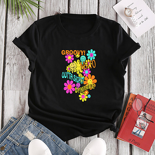 

Women's T shirt Graphic Floral Text Print Round Neck Tops 100% Cotton Basic Basic Top White Black Blushing Pink