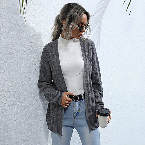

Women's Basic Knitted Solid Color Cardigan Cotton Long Sleeve Sweater Cardigans Open Front Fall Winter Dark Gray
