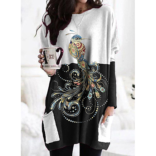 

Women's T shirt Dress Graphic Bird Long Sleeve Patchwork Print Round Neck Tops Basic Basic Top Black Gray