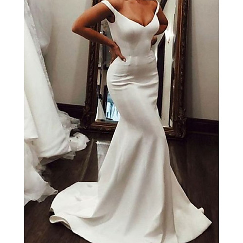 

Mermaid / Trumpet Wedding Dresses V Neck Sweep / Brush Train Italy Satin Sleeveless Simple with 2021