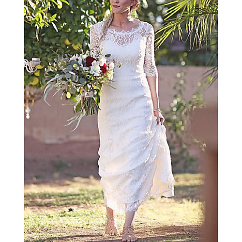 

Sheath / Column Wedding Dresses Jewel Neck Floor Length Lace Long Sleeve Romantic Vintage with Appliques 2021