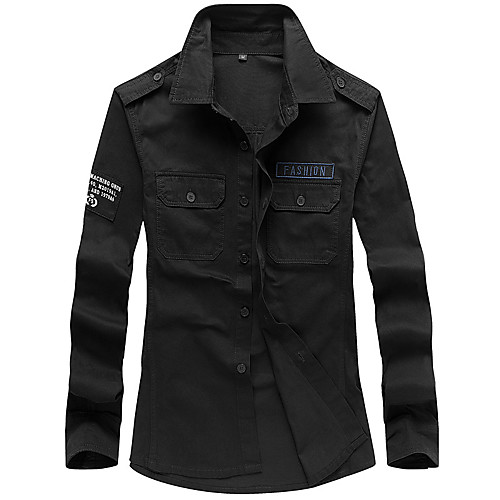 

Men's Shirt Letter Button-Down Long Sleeve Casual Tops 100% Cotton Basic Casual Comfortable Black Army Green Khaki