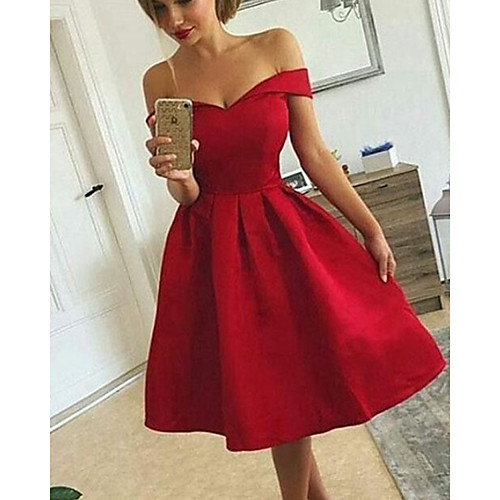 

A-Line Vintage Sexy Homecoming Cocktail Party Dress Off Shoulder Sleeveless Knee Length Satin with Sleek 2021