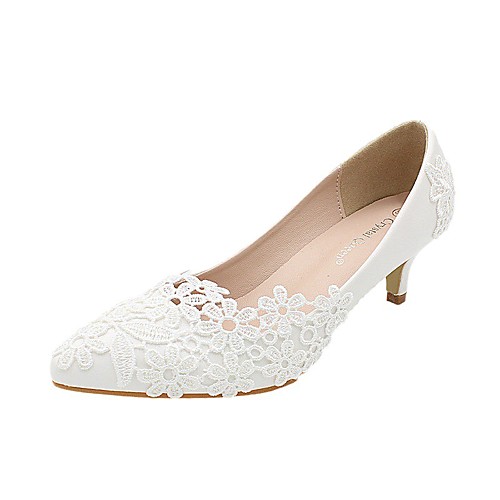 

Women's Wedding Shoes Stiletto Heel Pointed Toe Wedding Pumps Sweet Wedding PU Lace Solid Colored White