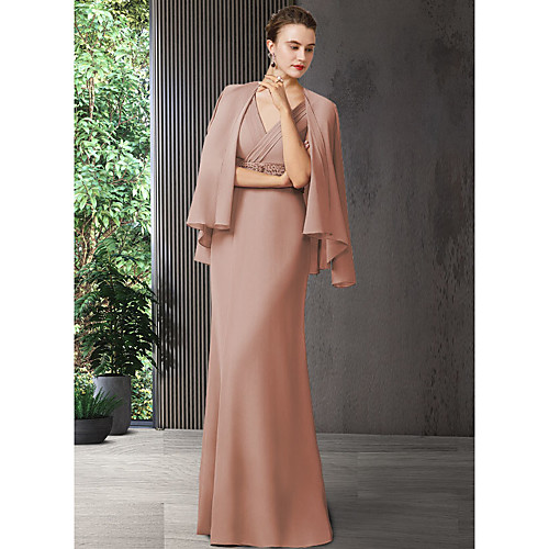 

Two Piece Sheath / Column Mother of the Bride Dress Elegant V Neck Floor Length Chiffon Sleeveless with Sash / Ribbon 2021