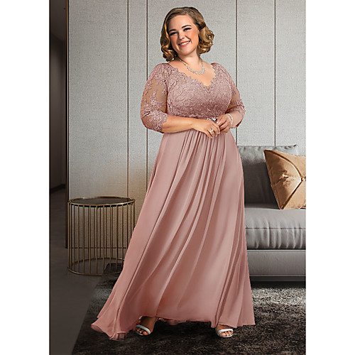 

A-Line Mother of the Bride Dress Plus Size Elegant V Neck Ankle Length Chiffon Lace 3/4 Length Sleeve with Pleats Appliques Crystal Brooch 2021