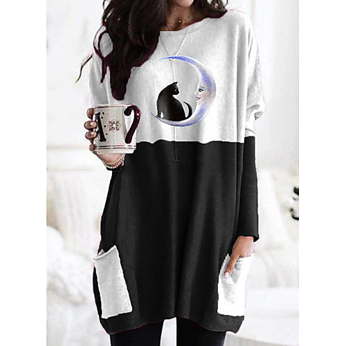 

Women's T shirt Dress Cat Graphic Long Sleeve Patchwork Print Round Neck Tops Basic Basic Top Black Gray