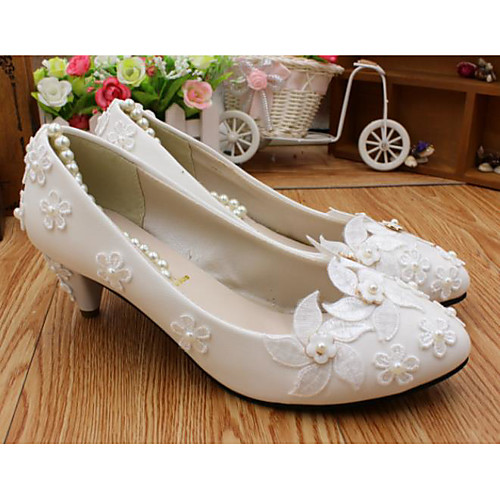 

Women's Wedding Shoes Chunky Heel Round Toe Wedding Pumps Wedding Walking Shoes PU Pearl Lace Floral White