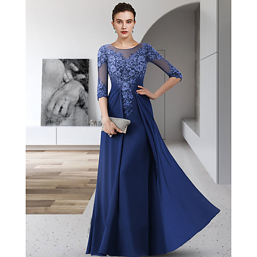 

Sheath / Column Mother of the Bride Dress Elegant Jewel Neck Floor Length Chiffon Lace 3/4 Length Sleeve with Appliques Ruching 2021