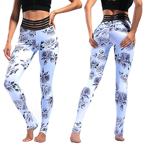 

Women's High Waist Yoga Pants Tights Leggings Moisture Wicking Floral Botanical WhiteGray Zumba Gym Workout Dance Winter Summer Sports Activewear High Elasticity Skinny