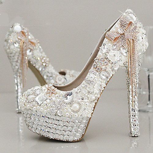

Women's Wedding Shoes Platform Round Toe Wedding Pumps Vintage Sexy Roman Shoes Wedding Party & Evening PU Bowknot Pearl Sparkling Glitter Color Block White