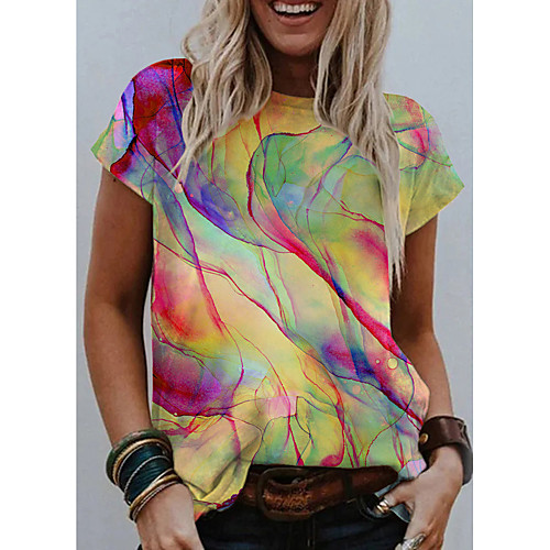 

Women's Abstract Geometric Painting T shirt Graphic Print Round Neck Basic Tops Blue Purple Yellow