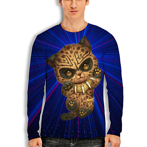 

Men's T shirt 3D Print Graphic 3D Animal Print Long Sleeve Casual Tops Cartoon Classic Blue