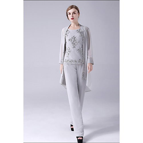 

Two Piece Jumpsuits Mother of the Bride Dress Elegant Sweet Jewel Neck Floor Length Chiffon Lace Sleeveless with Sequin Appliques 2021