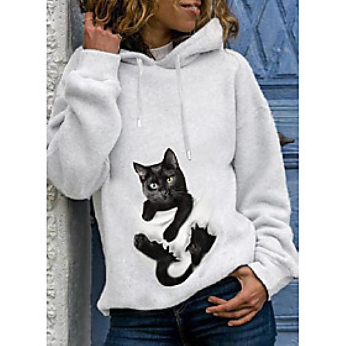 

Women's Hoodie Pullover Cat Graphic 3D Daily Basic Casual Hoodies Sweatshirts White