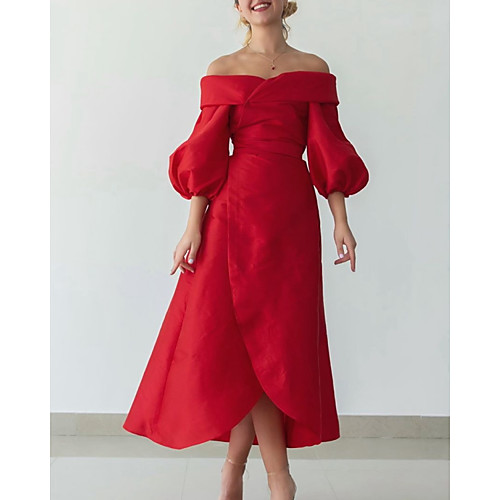 

A-Line Vintage Sexy Wedding Guest Formal Evening Dress Off Shoulder Half Sleeve Tea Length Taffeta with Sleek 2021