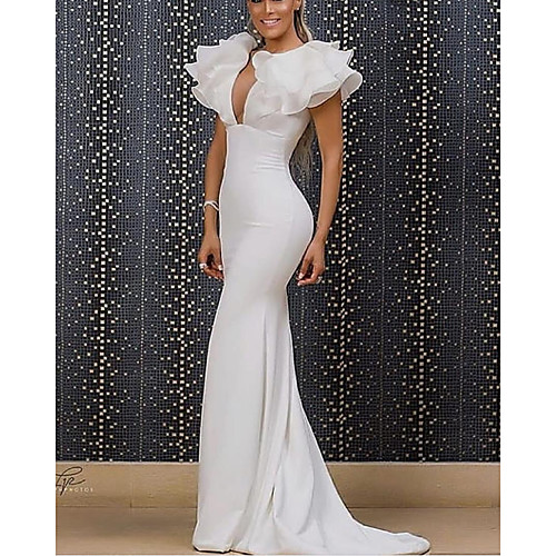 

Mermaid / Trumpet Minimalist Sexy Engagement Formal Evening Dress V Neck Short Sleeve Sweep / Brush Train Organza Stretch Satin with Sleek 2021