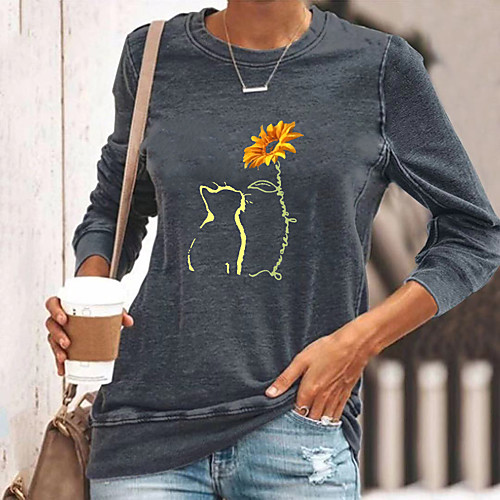 

Women's T shirt Graphic Flower Animal Long Sleeve Round Neck Tops Basic Basic Top Black Blue Yellow
