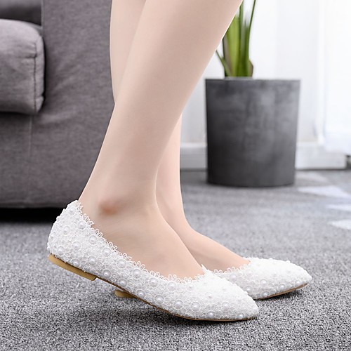 

Women's Wedding Shoes Flat Heel Pointed Toe Wedding Flats Vintage Sexy Minimalism Wedding Party & Evening PU Satin Flower Lace Flower Solid Colored White Rainbow