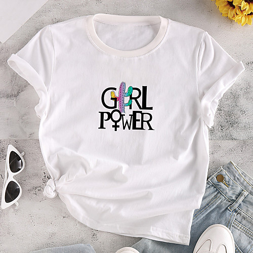 

Women's T shirt Graphic Text Print Round Neck Tops 100% Cotton Basic Basic Top White Yellow Blushing Pink