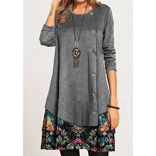 

Women's Sheath Dress Short Mini Dress Gray Black Navy Blue 3/4 Length Sleeve Floral Color Block Print Spring Summer Round Neck Elegant Mumu vacation dresses 2021 S M L XL XXL 3XL 4XL