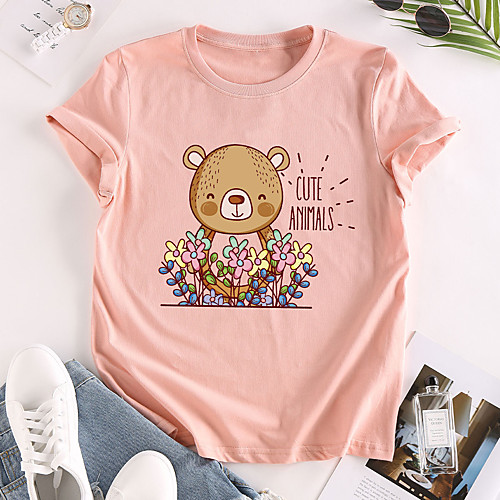 

Women's T shirt Graphic Text Bear Print Round Neck Tops 100% Cotton Basic Basic Top White Red Yellow