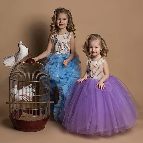 

Princess Floor Length Flower Girl Dresses Party Lace Sleeveless Jewel Neck with Pleats