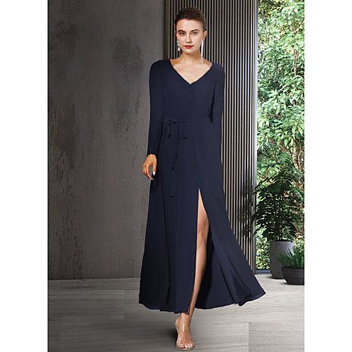 

Sheath / Column Mother of the Bride Dress Elegant V Neck Ankle Length Chiffon Long Sleeve with Bow(s) Split Front 2021