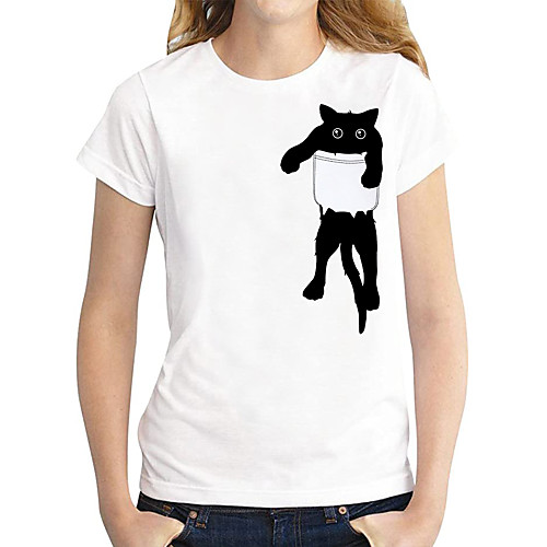 

Women's T shirt Cat Graphic 3D Print Round Neck Tops 100% Cotton Basic Basic Top White