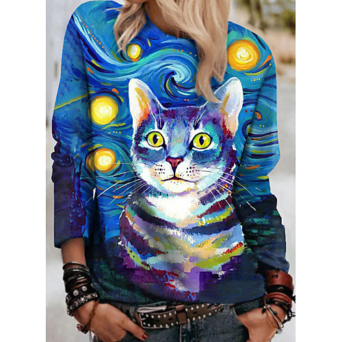

Women's Pullover Sweatshirt Cat Graphic 3D Print Daily 3D Print Basic Casual Hoodies Sweatshirts Blue