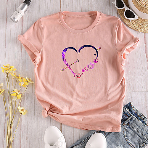 

Women's T shirt Graphic Heart Print Round Neck Tops 100% Cotton Basic Basic Top White Red Yellow
