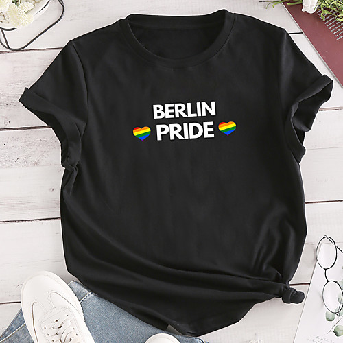 

Women's T shirt Graphic Heart Text Print Round Neck Tops 100% Cotton Basic Basic Top Black Red Yellow