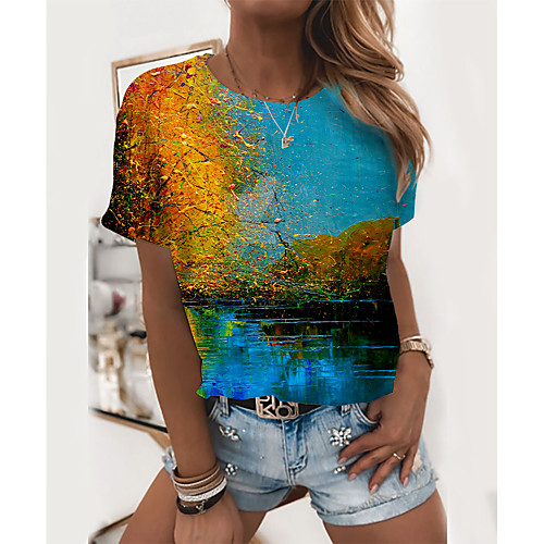 

Women's Painting T shirt Graphic Scenery 3D Print Round Neck Basic Tops Blue