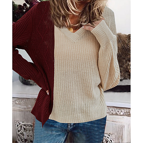 

Women's Basic Knitted Color Block Pullover Acrylic Fibers Long Sleeve Sweater Cardigans V Neck Beige