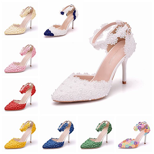 

Women's Wedding Shoes Stiletto Heel Pointed Toe Wedding Pumps Business Sexy Minimalism Wedding Party & Evening PU Pearl Satin Flower Buckle Solid Colored White Purple Yellow