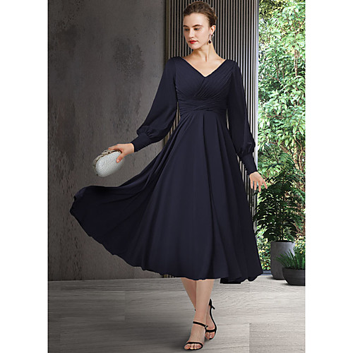 

A-Line Mother of the Bride Dress Elegant V Neck Tea Length Chiffon Short Sleeve Long Sleeve with Pleats Ruching 2021