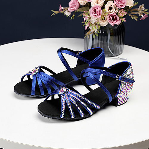 

Women's Latin Shoes Salsa Shoes Heel Sneaker Sparkling Glitter Buckle Low Heel Navy Black Brown Cross Strap Teenager Adults' Glitter Crystal Sequined Jeweled Party Heels / Performance / Satin