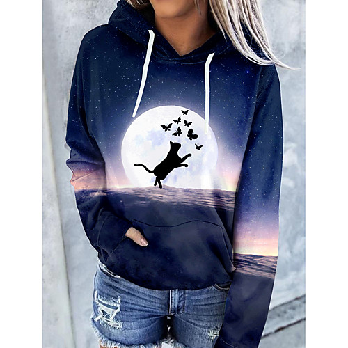 

Women's Hoodie Pullover Cat Graphic 3D Front Pocket Print Daily 3D Print Basic Casual Hoodies Sweatshirts Navy Blue