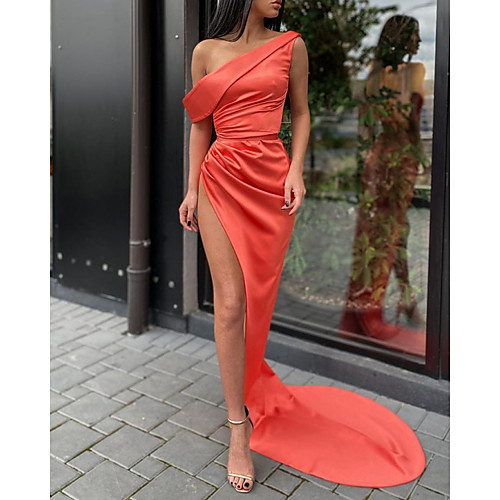 

Sheath / Column Minimalist Sexy Engagement Formal Evening Dress One Shoulder Short Sleeve Court Train Charmeuse with Draping Split 2021