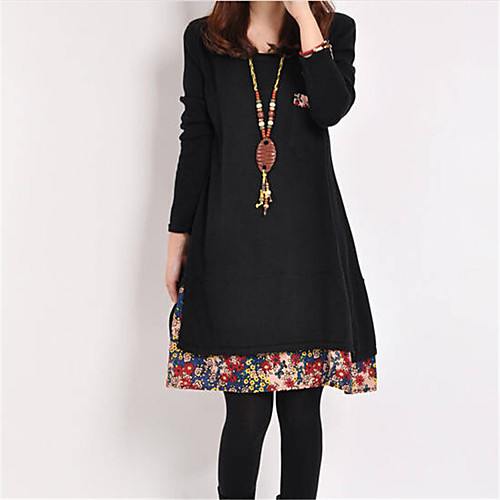 

Women's A Line Dress Knee Length Dress Yellow Army Green Royal Blue Black Red Long Sleeve Print Split Patchwork Print Fall Winter Round Neck Casual Loose 2021 M L XL XXL 3XL / Plus Size / Plus Size