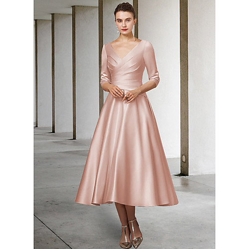 

A-Line Mother of the Bride Dress Elegant V Neck Tea Length Satin Half Sleeve with Pleats Ruching 2021