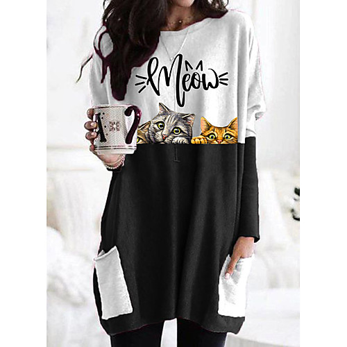 

Women's T shirt Dress Cat Graphic 3D Long Sleeve Patchwork Print Round Neck Tops Basic Basic Top Black Gray