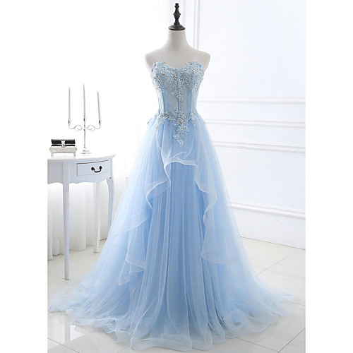 

A-Line Sexy Floral Engagement Prom Dress Strapless Sleeveless Sweep / Brush Train Lace Tulle with Pleats Lace Insert 2021